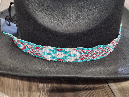Turquoise & pink cross Aztec beaded hat band