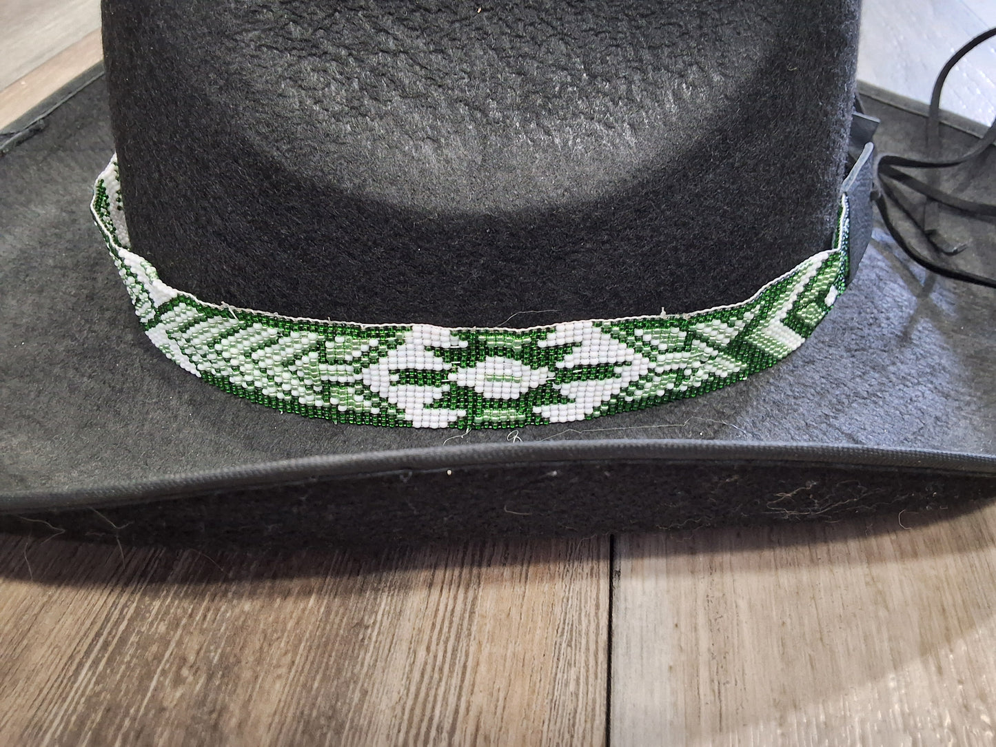 Green and white Aztec and cross beaded hat band