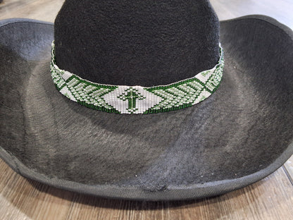 Green and white Aztec and cross beaded hat band