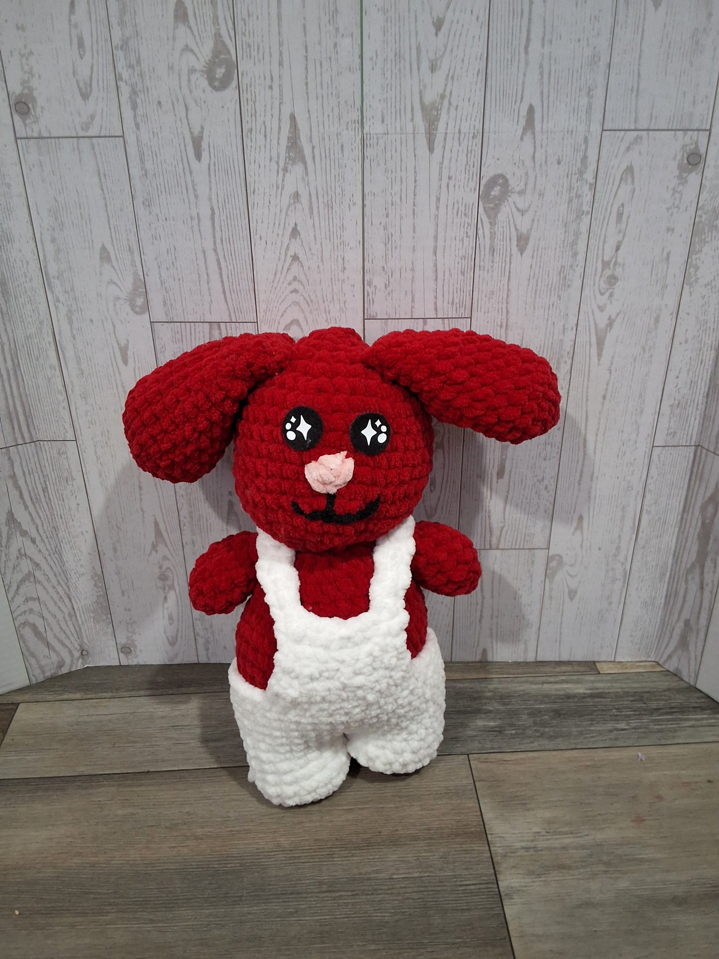Jumbo Crochet Red Bunny in Overalls