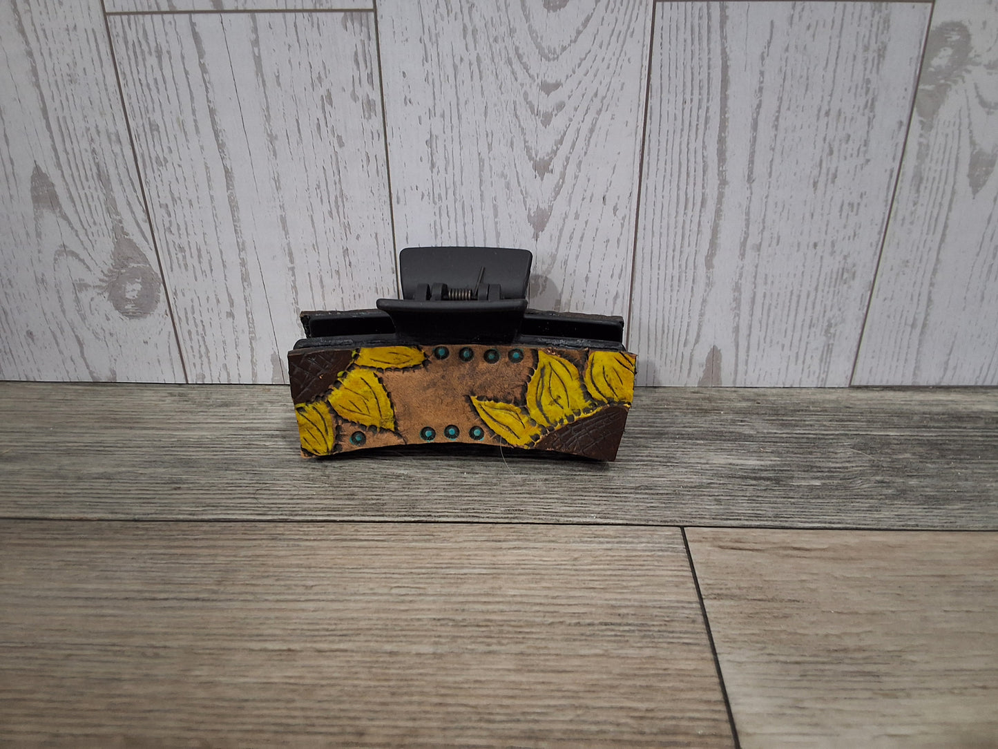 Leather sunflower hair claw clip