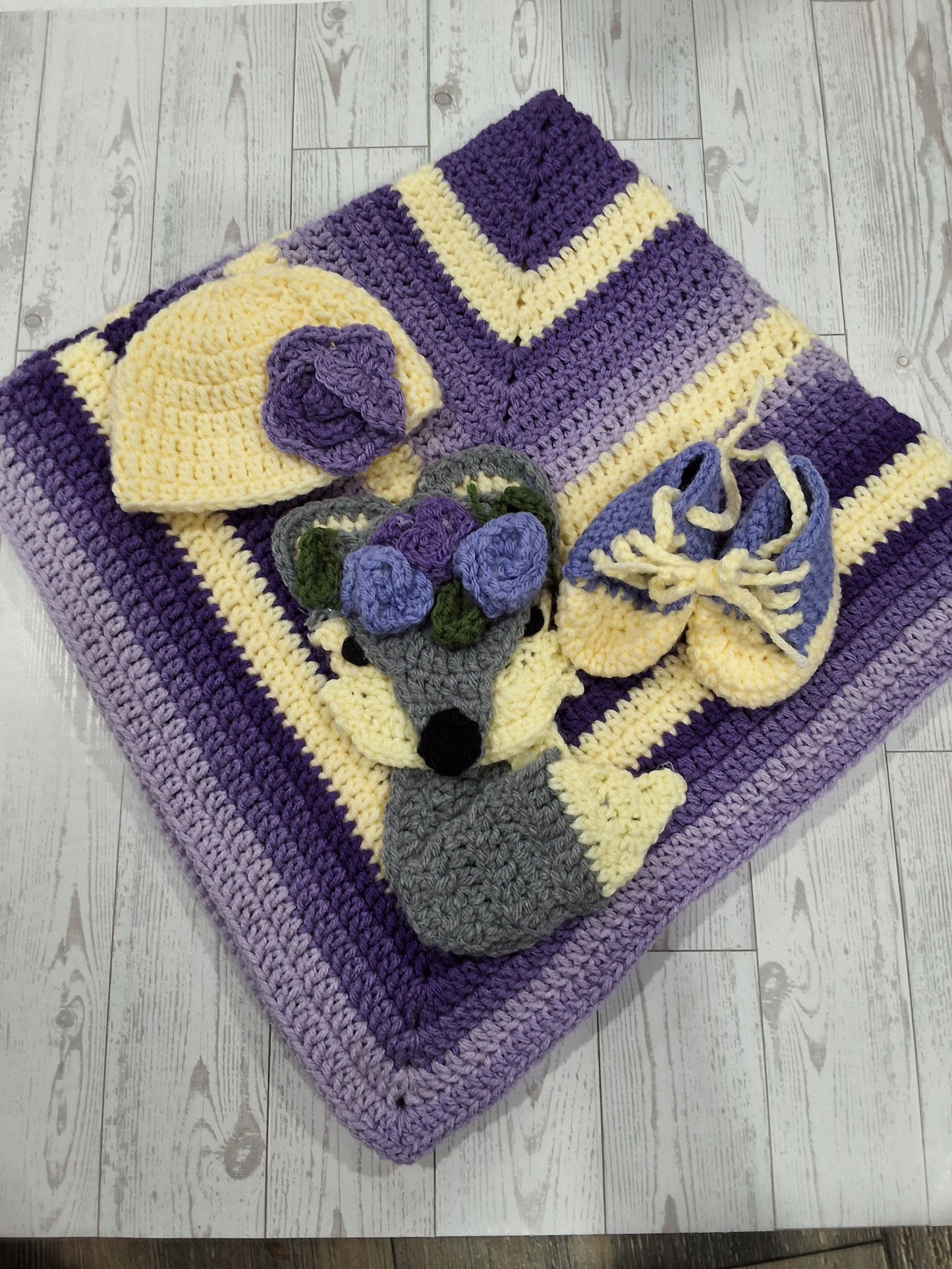 Crochet purple ombre wolf baby gift set