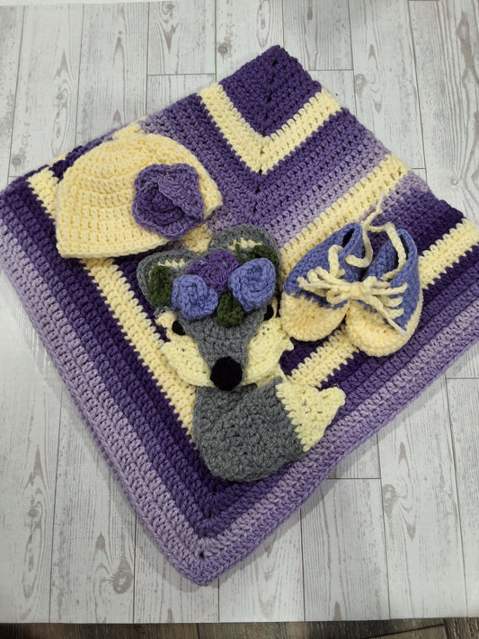 Crochet purple ombre wolf baby gift set