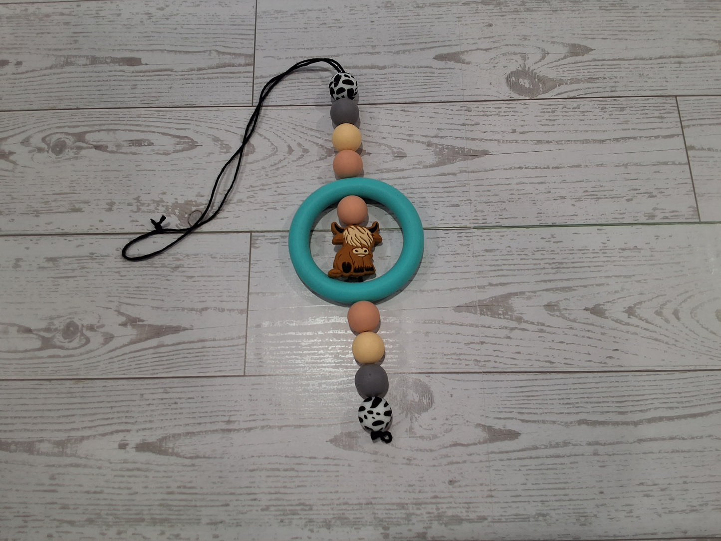 Silicone beaded highland cow rear view mirror charm