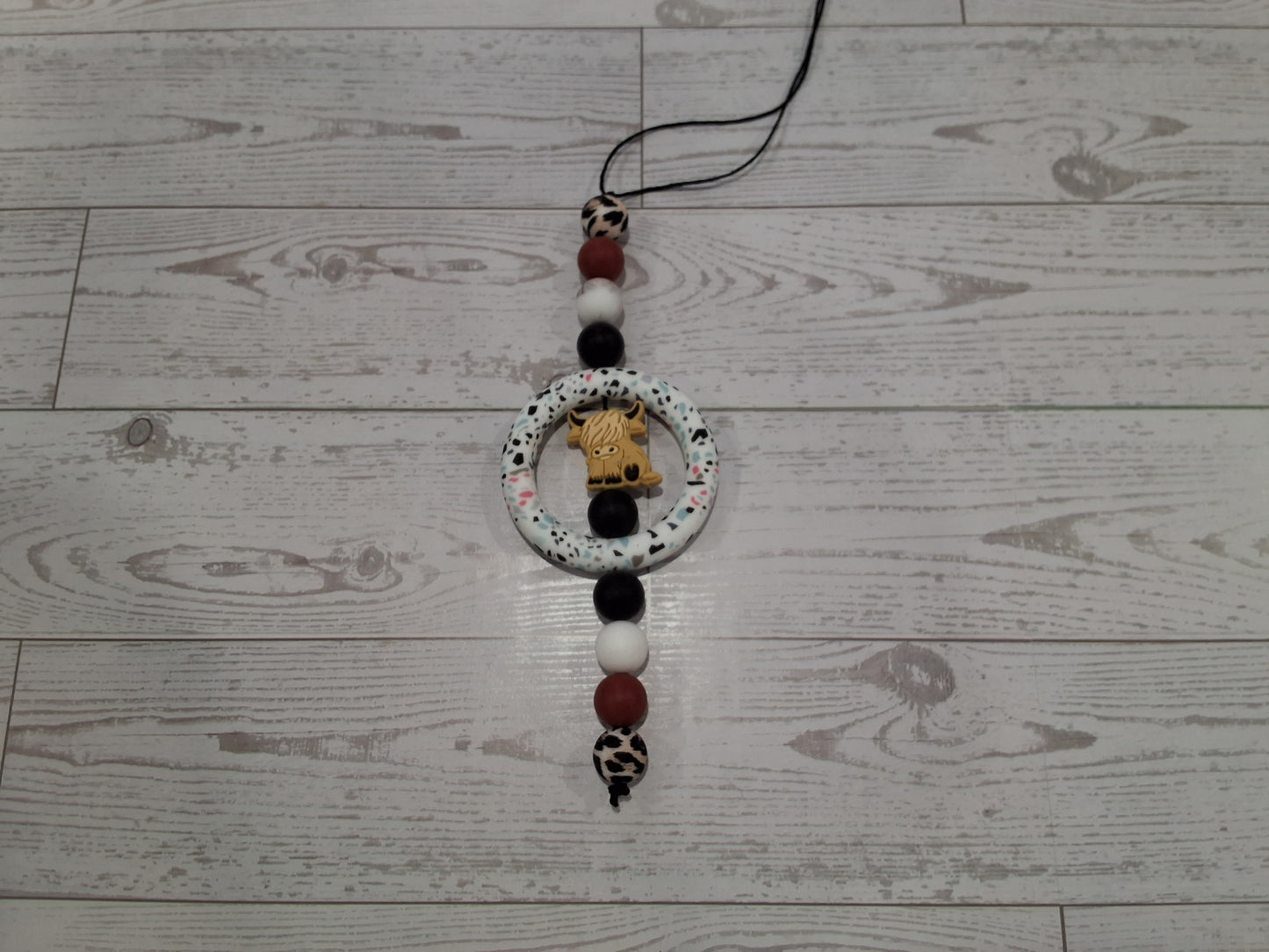 Silicone beaded highland cow rearview mirror charm