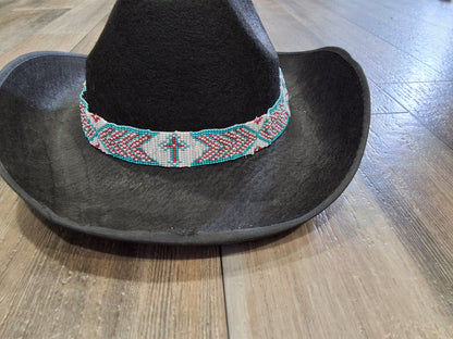 Turquoise & pink cross Aztec beaded hat band